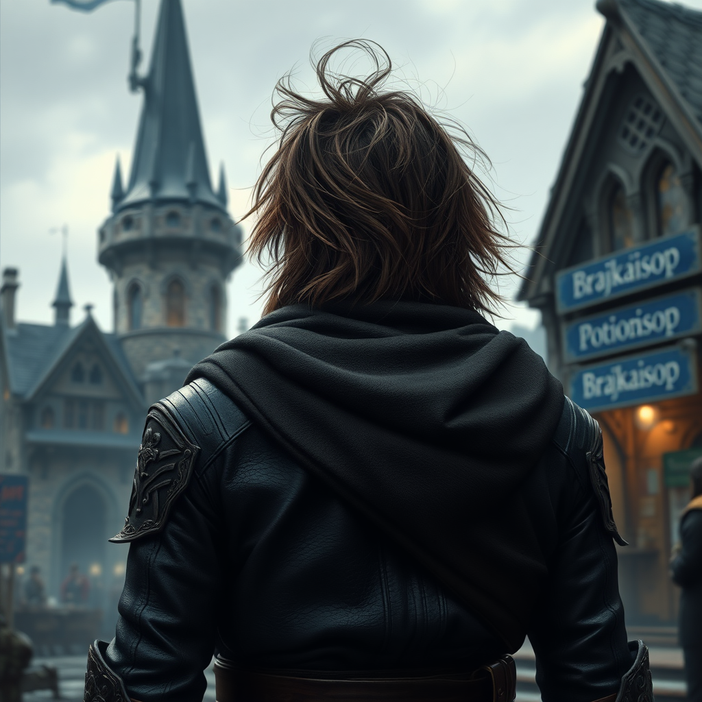 A wide distance shot from behind of a fantasy warrior in dark leather armor and a cloak with his head on backwards. Dungeons and Dragons port called Waterdeep. Mage tower in the background. Potion shop with a blue sign with the word "Brajkaisop". Messy shoulder length hair tussled by wind. Photorealistic, digital matte painting, wlop