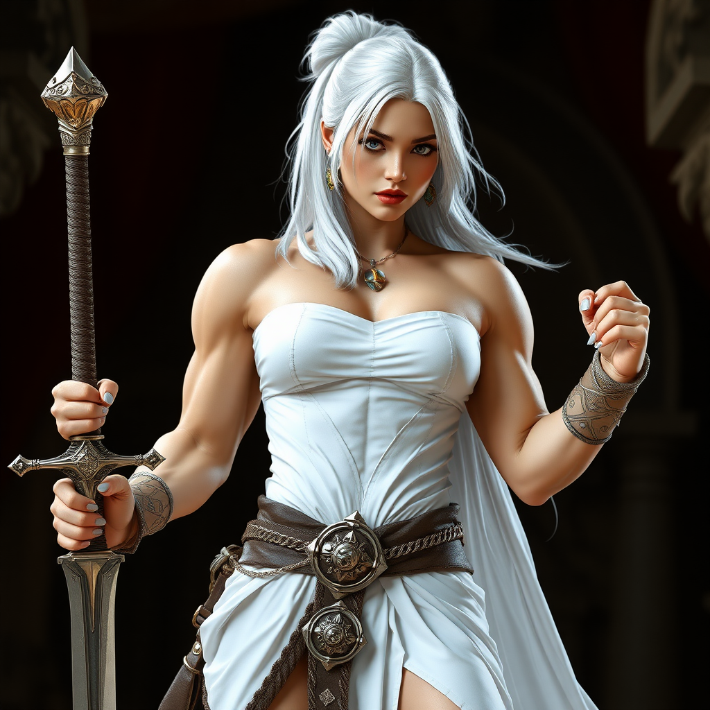 massive huge muscular jacked strong bodybuilder girl, white strapless dress, warrior princess, white hair, sword