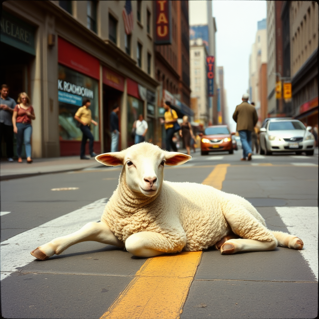 highly detailed Kodachrome color real photograph from 1974 of And the lamb lies down on Broadway The lamb seems right out of place The Broadway street scene finds a focus in its face Somehow it's lying there Brings a stillness to the air