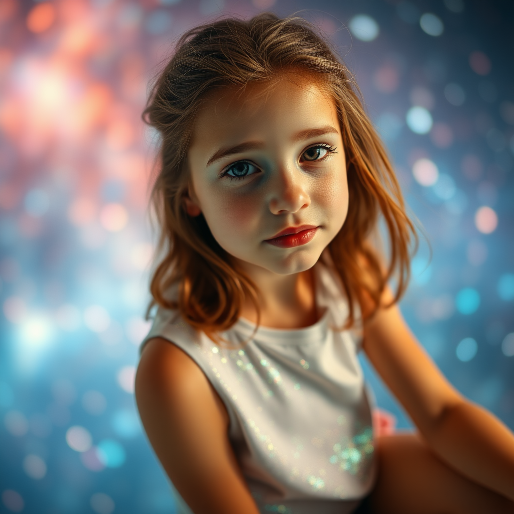 preteen girl in natural pose, relaxed, full body shot, dreamscape, nebula, Bokeh, abstract, brilliant colors, glittering, translucent, iridescent, natural skin, glowing, artistic photo, wide angle, cute, interesting, microscopy, airy, original, experimental, refraction