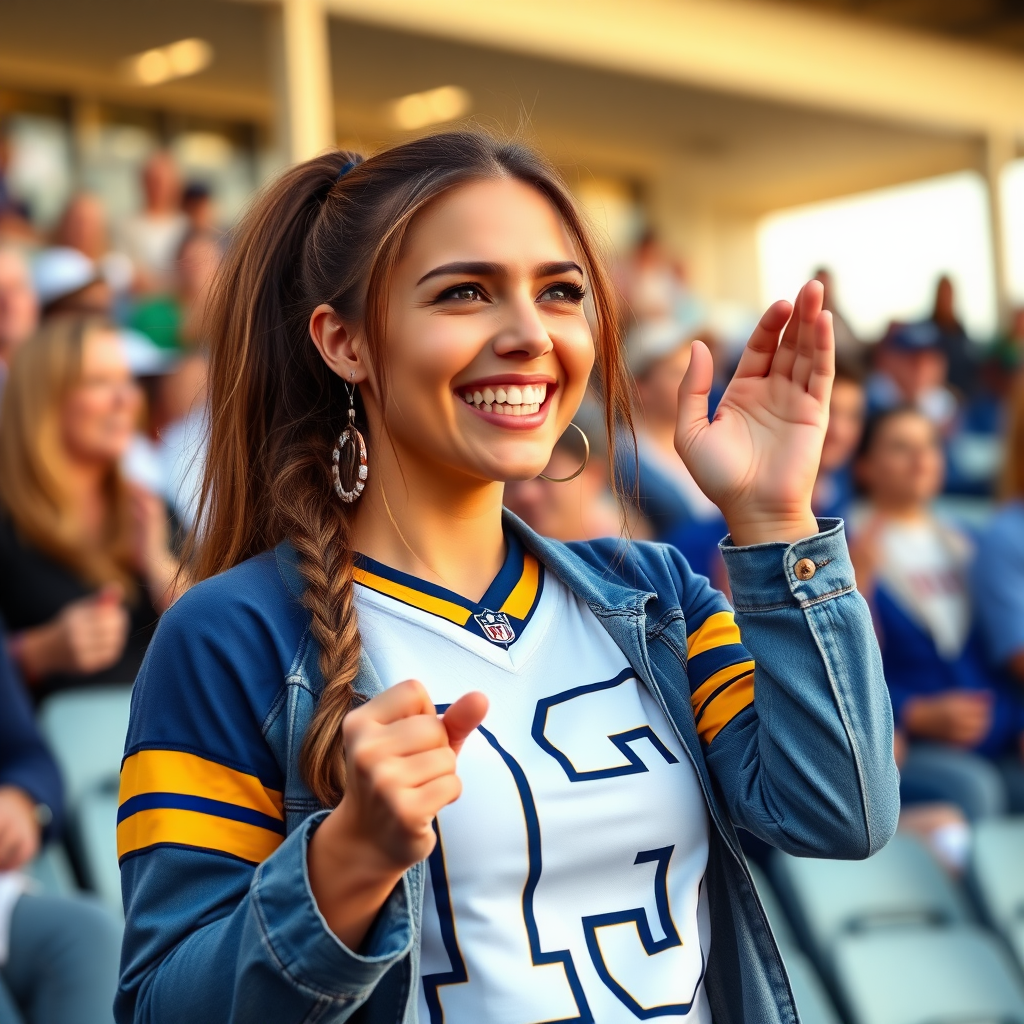 Attractive female NFL fan cheering, pigtail hair, bleacher row