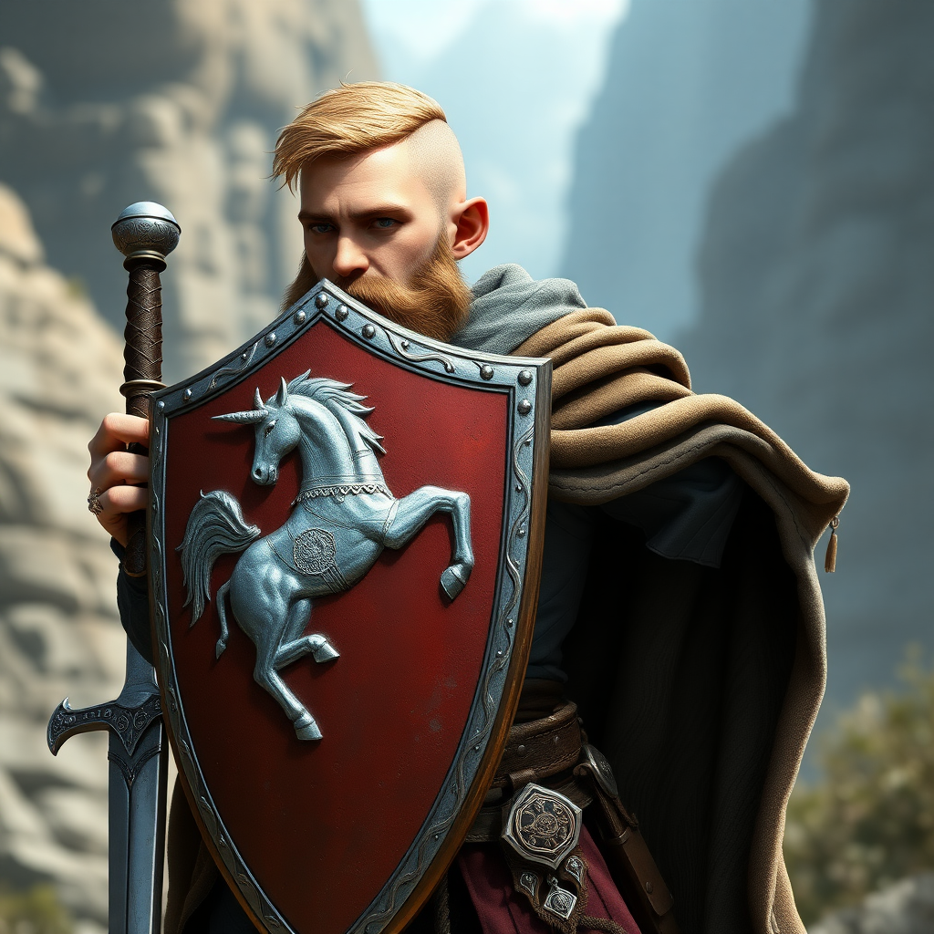 In a fantasy world, a beardless halfling paladin wearing a shield, high definition, normal and standard appearance. Full-body character, sword at his side and shield on his left arm. On the shield, there is a silver unicorn depicted, photorealistic.