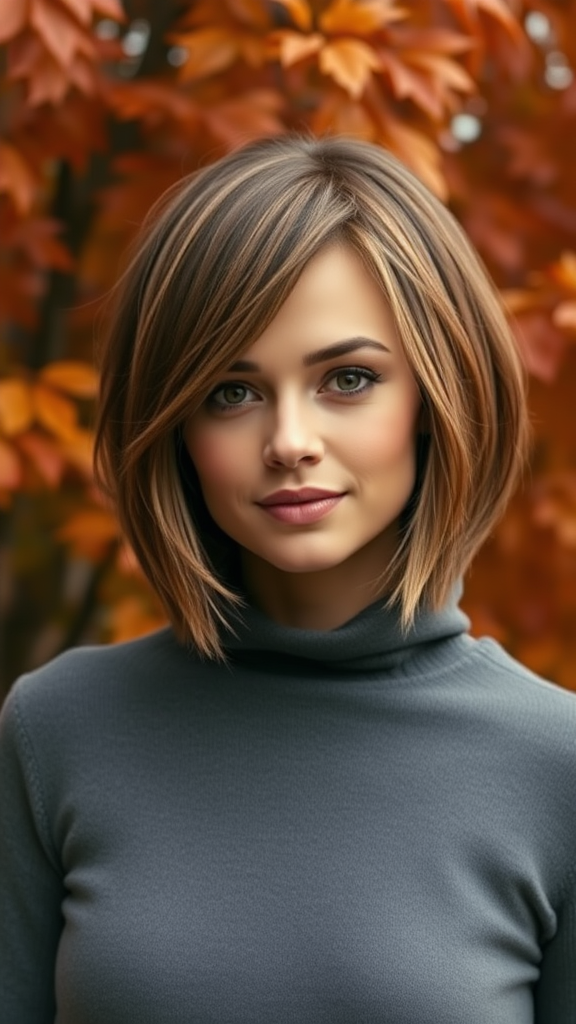 Christine Teigen with a layered French bob haircut, against a background of autumn chestnut foliage, in high definition.