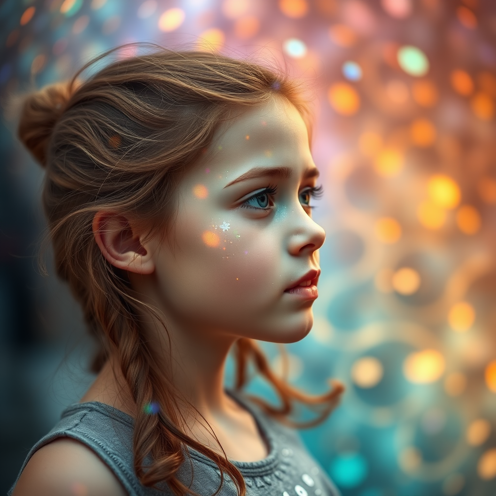 young preteen girl with aura, in dynamic pose, in profile, abstract, mandelbulb fractal, dynamic composition, street photography, fractal, brilliant colors, glittering, translucent, opal, gold, sharp focus, floral, mother of pearl, iridescent, natural, glowing, Bokeh