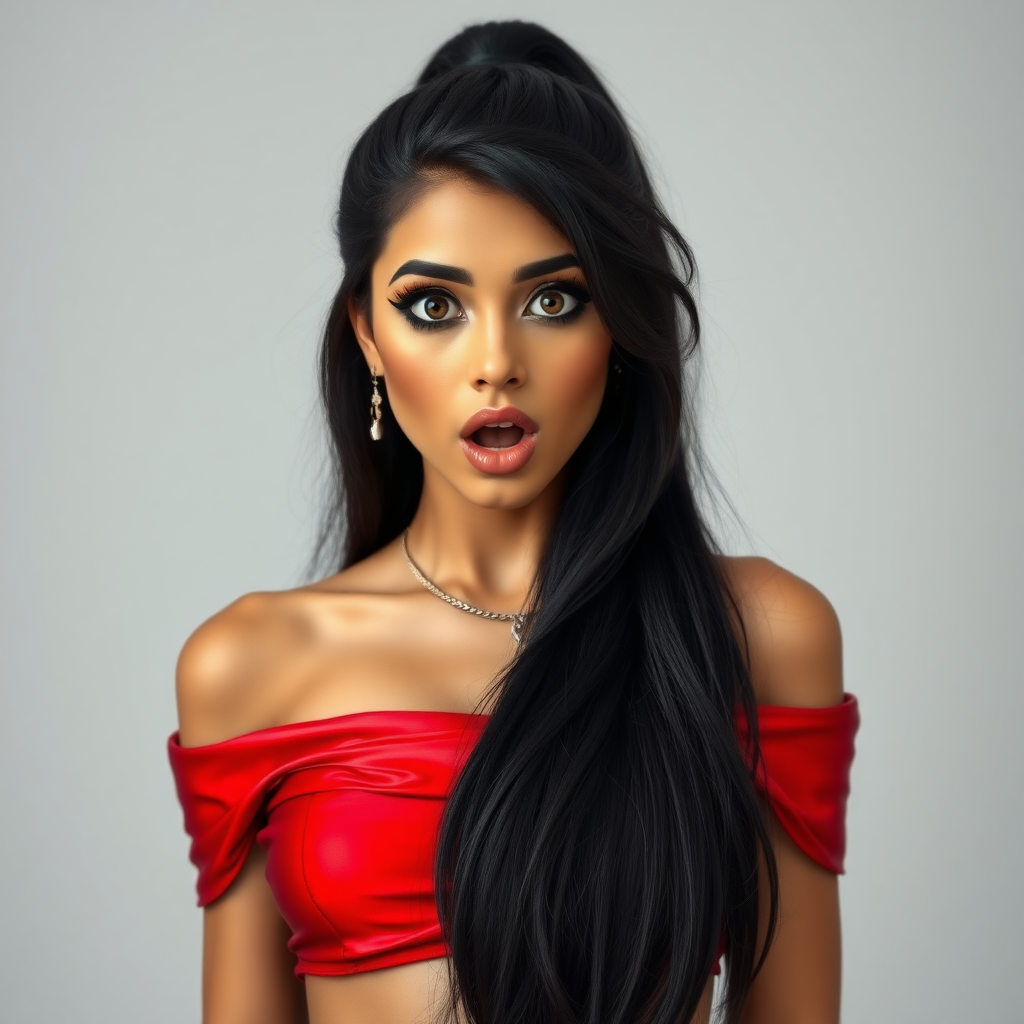 surprised Arabian girl with mouth open. She has very large eyes, black eyeshadow, black eyeliner, fake eyelashes, very tanned skin, very long hair. very high ponytail, red off shoulder shinny crop top. photo realistic, black hair