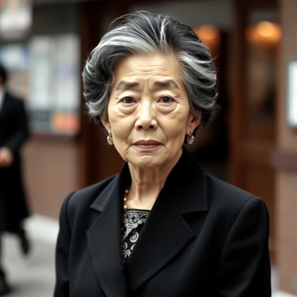 70-year-old Korean woman, suit, upper body, frontal photo, black-white hair