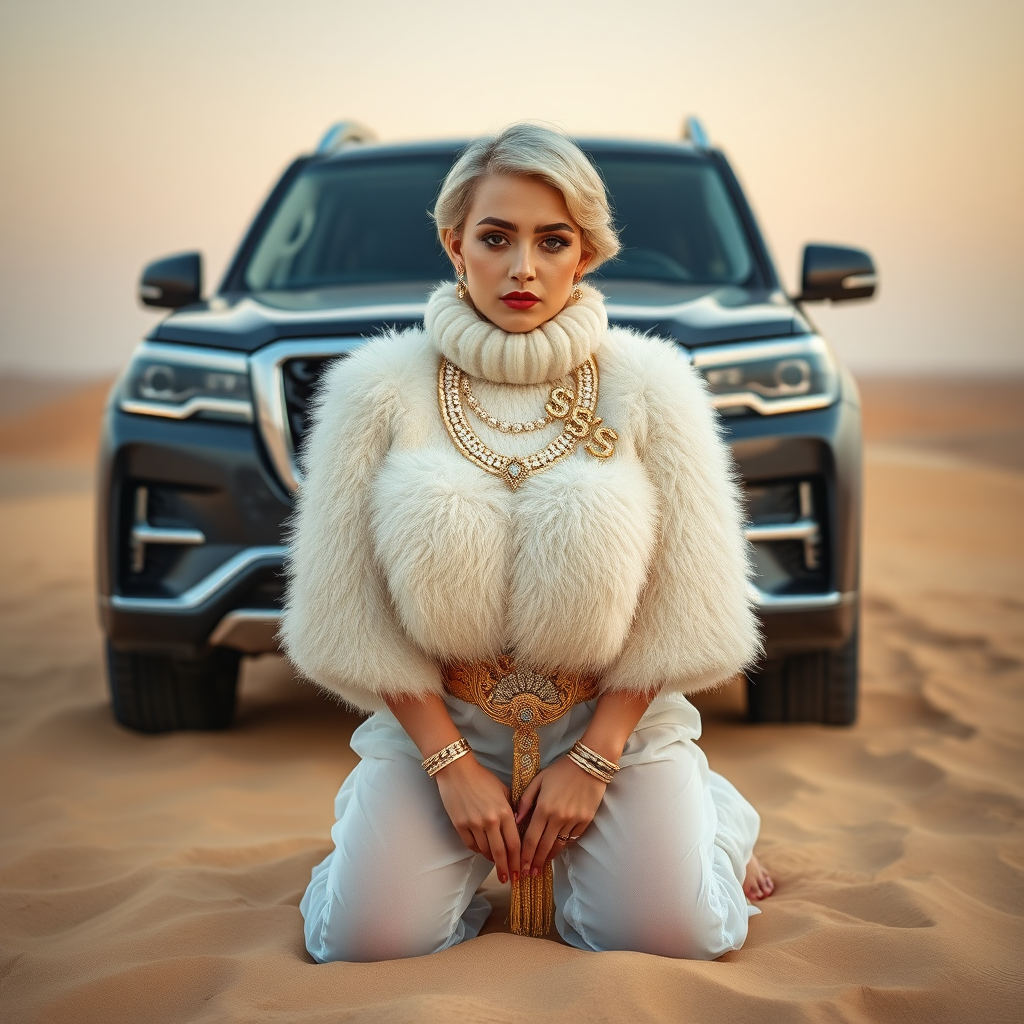 Kuwait desert dunes misty dawn, full size luxury SUV: Melissa, European 17 years old very convincing femboy “trophy-bimbo”, tamed servile docile, very beautiful feminine flawless face, rather short, by hormones very curvaceous womanly figured, platinum blond short tight curls, bold red lips, heavily made-up face, wearing Supertanya-style fluffy very fuzzy bright white angora turtleneck-poncho cropped ending under bust decorated with pearls and gemstones, striking oriental wide gold bridal protection belt, white fully transparent harem pants, full Oriental bridal jewelry, full Oriental face-jewelry, coin anklets, striking diamond “$$$” letter brooch on left chest, pout frustrated, hands tied behind back, kneeling in sand in front of SUV, looking at camera. Focus on face and turtleneck-poncho.