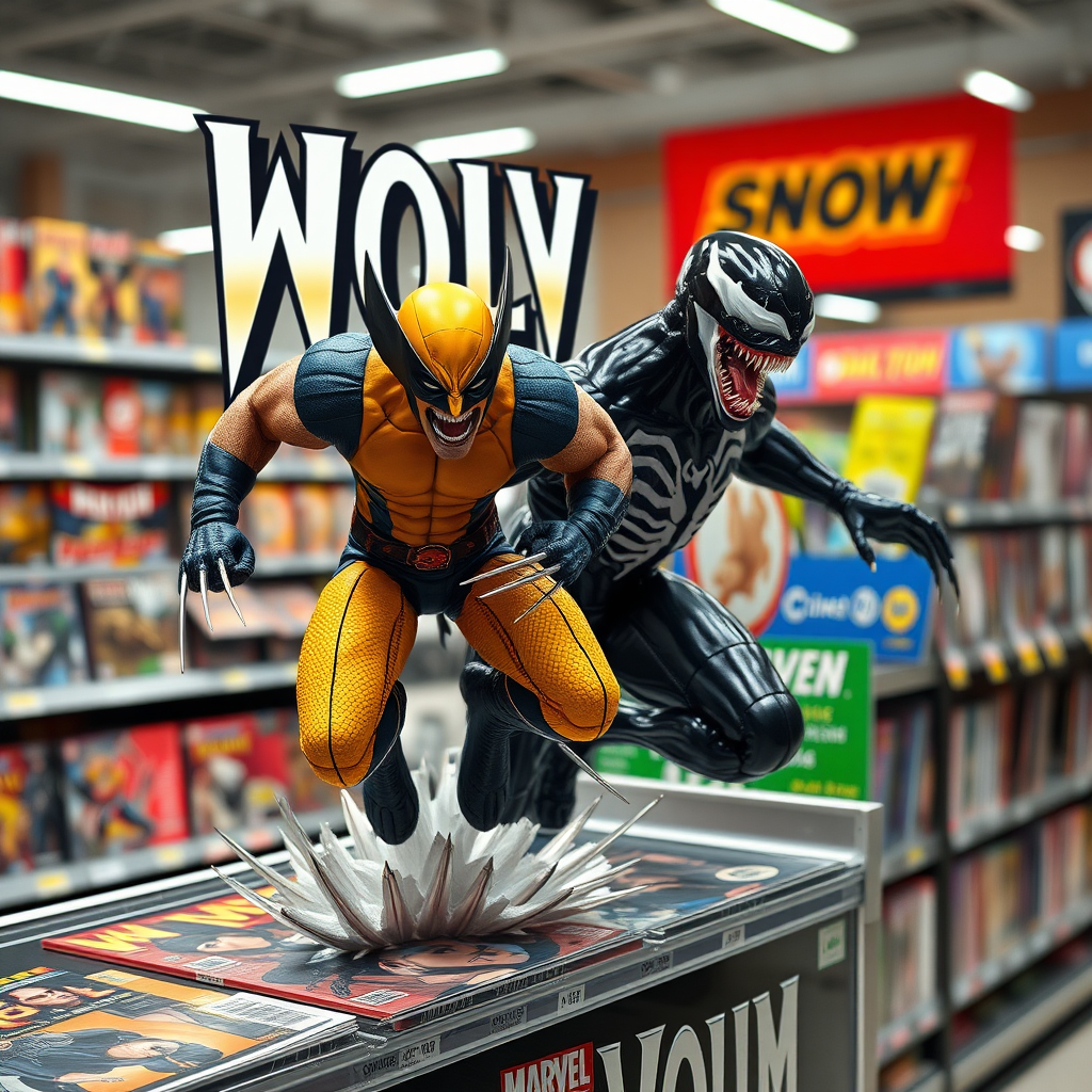 Jumping out of a Comic book cover on a store shelf is Wolverine and Venom with in Cinematic Real3D photo-realistic quality.