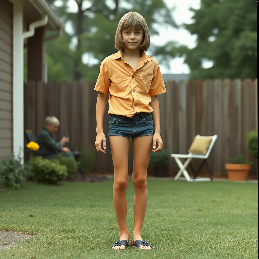 tall 14yo teen boy, long hair bob cut, wearing shirt and very tight booty shorts, long legs, narrow thighs, full-length front view. 1970s. Playing at backyard. photorealistic, ultra high resolution, 16K, Negative: grainy, blurry, bad anatomy, extra limbs, watermark.