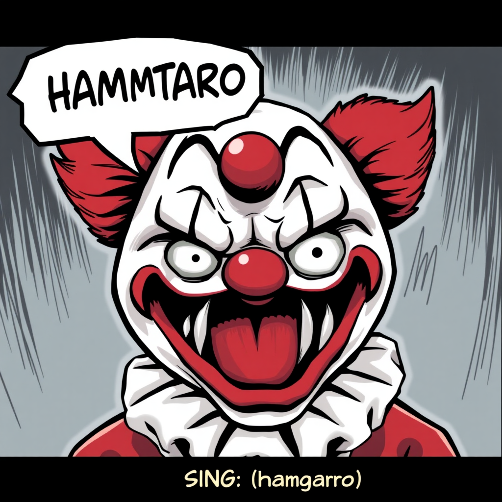 Comic: creepy scary clown grimace said:, "hamtaro" SING: "hamtaro"