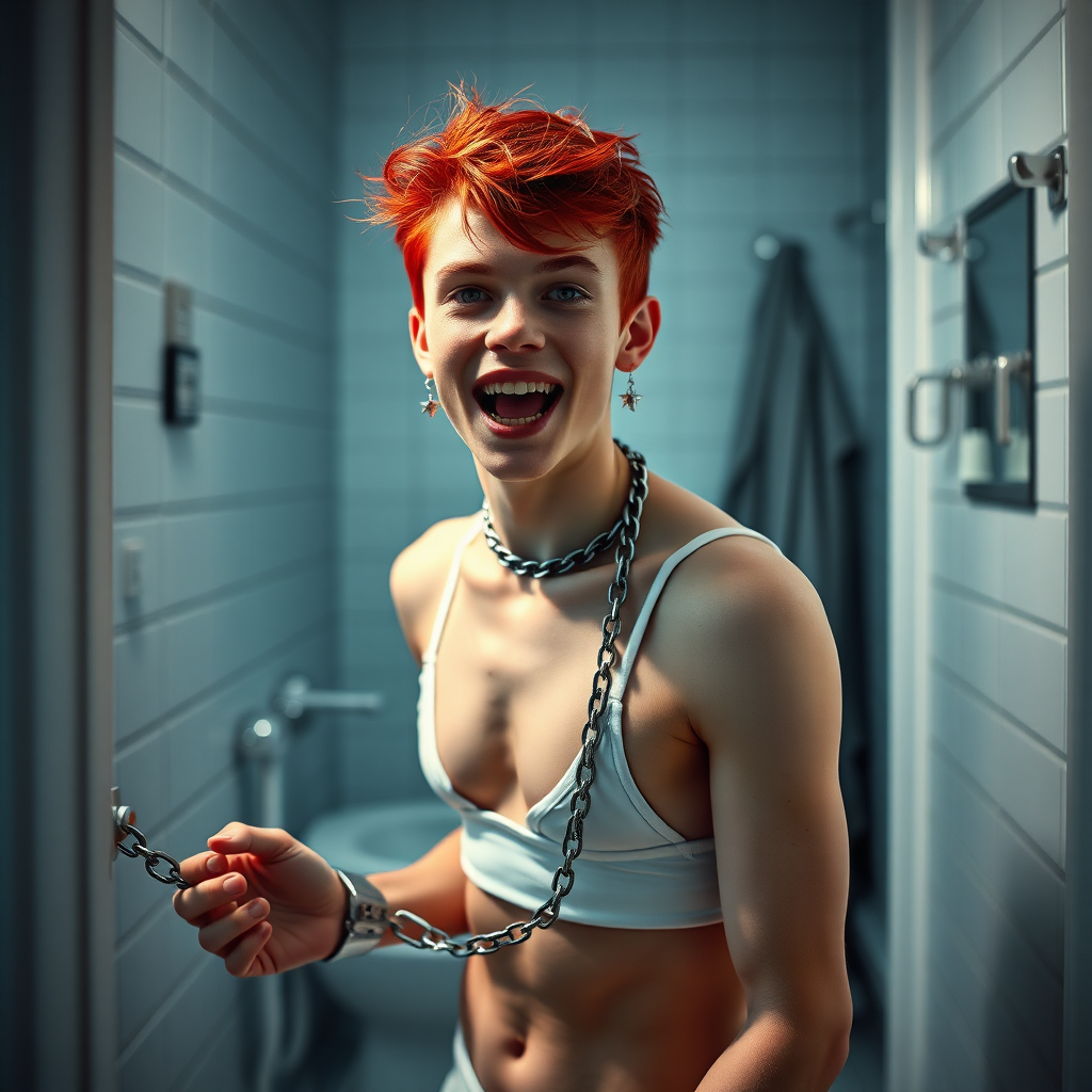 photorealistic, ultra high resolution, 16K, surreal fantasy, studio lighting, a pretty 16 year old goth boy, slim male physique, red hair, goth makeup, earrings, spikey chain and leash, handcuffs, trainer-bra, pantyhose, white ballet shoes, in the bathroom, excited open mouth smile, facing the camera,