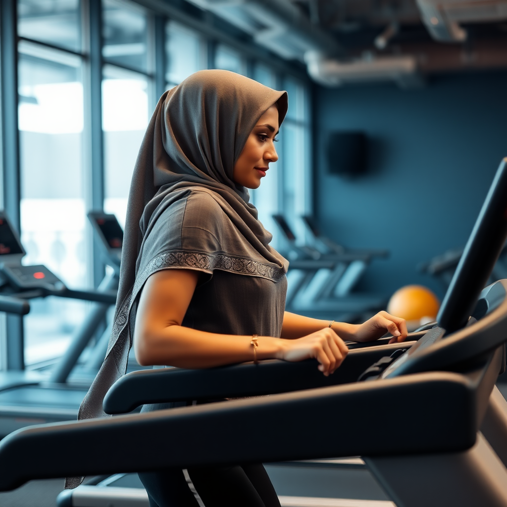 Indian wife, hijab, working out on treadmill in gym