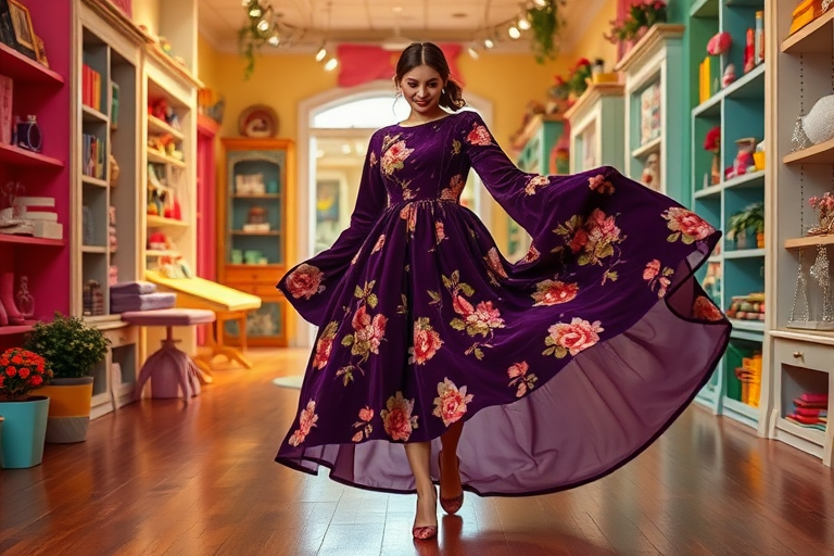 In a whimsical boutique setting filled with bright, vibrant colors and eclectic decor, a woman steps gingerly into the frame, adorned in an outrageously oversized dress that seems to have a life of its own. The dress, crafted from luxurious deep purple velvet, boasts an intricate floral pattern of shimmering golds and soft pinks that dance across its surface, reminiscent of a blooming garden in spring.

Each step she takes sends ripples through the voluminous fabric, causing it to billow dramatically behind her like a fluffy, pastel cloud floating through a sunlit sky. The hem of the dress sweeps the polished wooden floor, trailing behind her and picking up delicate wisps of glittering dust illuminated by the soft overhead lights.

As she walks, the dress swirls around her with an elegant grace, each fold and layer revealing glimpses of a contrasting silky lining—perhaps a pale mint or soft lavender—that glimmers mischievously with her movement. Her expression mirrors a delightful blend of shock and amusement, the oversized silhouette making her resemble a child lost in a fantastical daydream, playing dress-up in their parent's closet.

The air is filled with a faint scent of vintage perfume and sweet cotton candy, creating an airy atmosphere that complements her playful demeanor. The scene captures a sense of joy and spontaneity, inviting viewers to join her on this enchanting adventure where fashion and whimsy collide.