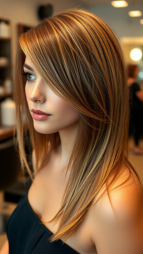 Beautiful model with light brown mullet haircut, in high definition, in the background, hair salon.