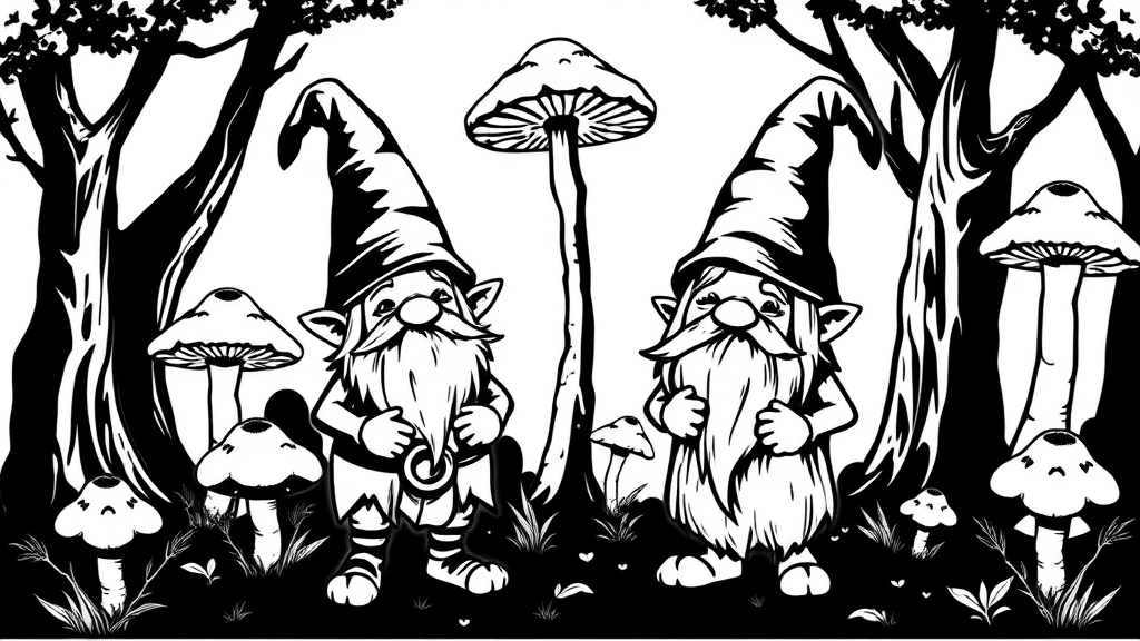 2 happy dark fantasy Gnomes standing in a mushroom forest. Black and White - no gradients or greys. Vector style, isolated on white