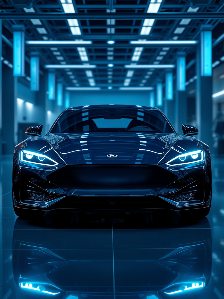 Electric car, high quality, highly detailed, cybernetic, mysterious and luxurious background drawn around the electric car displayed in the showroom, the overall color is dark blue for luxury.