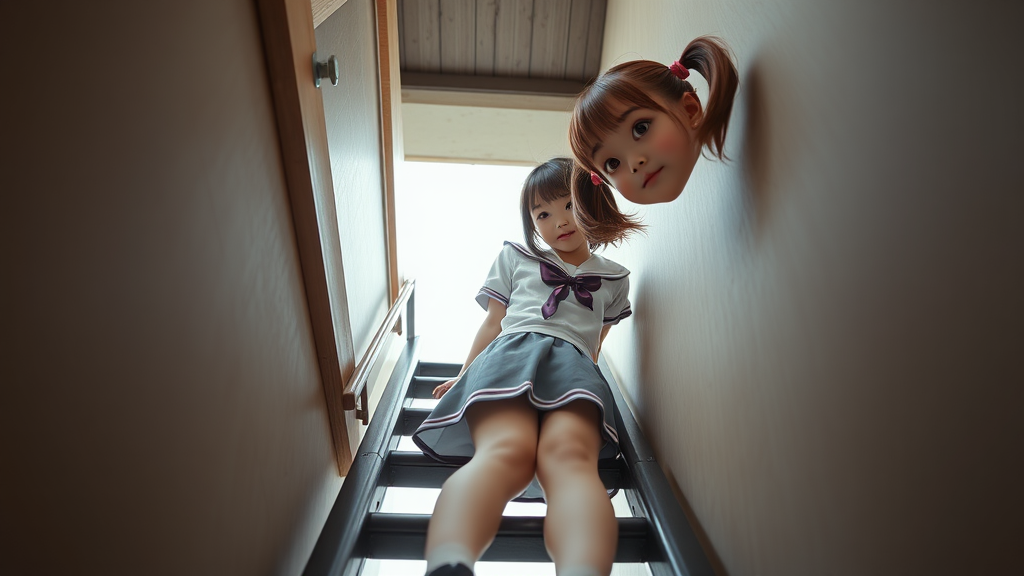 chubbyy 14 year old japanese schoolgirls in pink pigtails, tiny or small skirt, climbing a ladder,read low angle pov