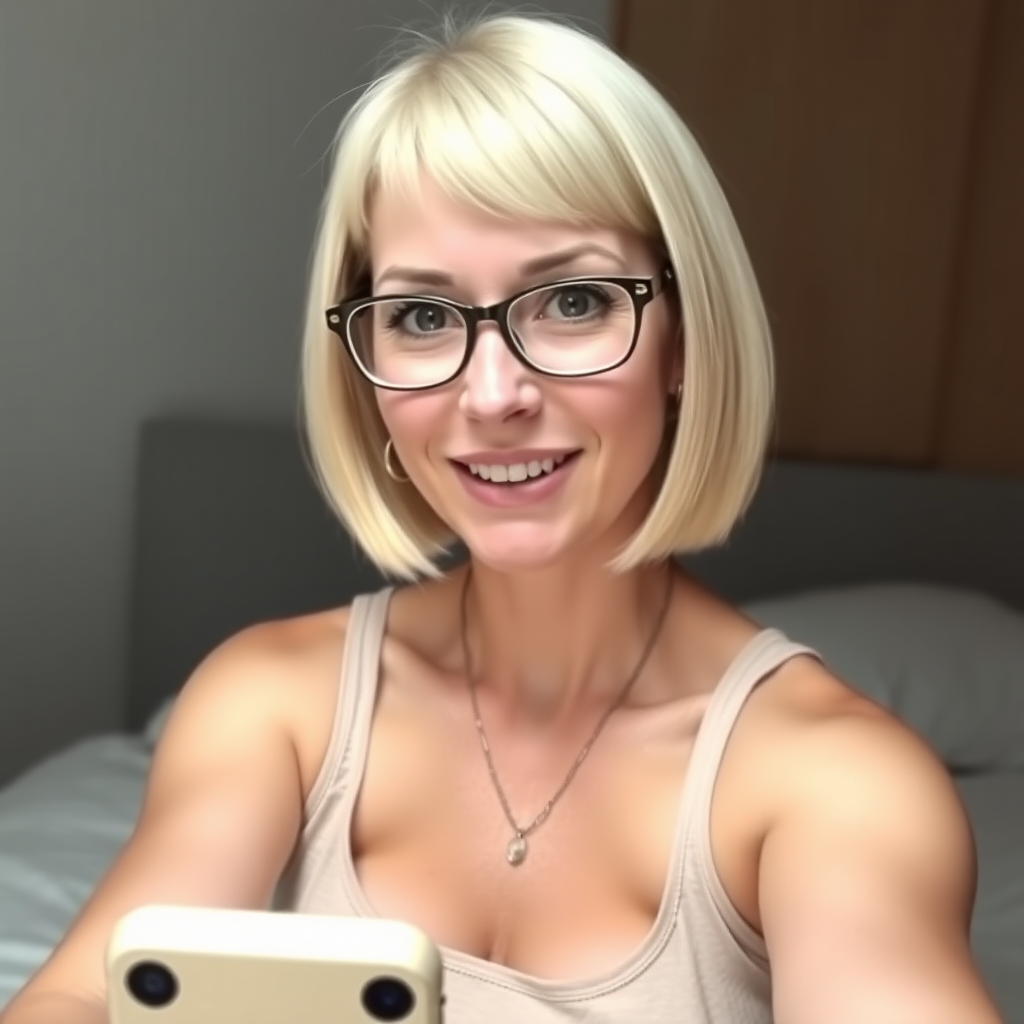 Woman, One, 40 Years old, British, Pale skin, White skin, Large top, Thick thighs, Busty thighs, Wide jaw, Sharp nose, Horny face, Happy face, Open mouth, Blonde hair, Bobcut, Short hair, Straight hair, Brown eye color, Glasses, Cotton shorts, Sleeveless t-shirt, necklace, Bed, Motherly, iPhone selfie