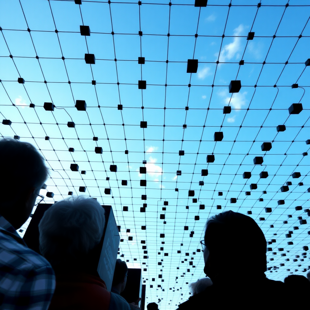 People all over the world look up and see black grid cubes extended grid in the sky.