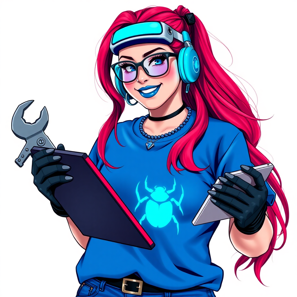 An intelligent and tech-savvy 29-year-old computer hacker and tech genius. She has a long ruby red ponytail. She wears maximum blue lipstick, blue eyes, a sapphire beetle gemstone necklace, sapphire earrings, black eyeglasses, hi-tech power gloves, and an oversized maximum blue t-shirt featuring a neon blue glowing beetle chest icon. She has a gargantuan full-figured physique with a prominent round gargantuan midsection, reflecting her well-cared-for lifestyle. She sports a sapphire headset with a hi-tech maximum turquoise lensed HUD, and a beaming smile accentuated by a passionate neon red blush. She serves as his tech expert from his hideout, holding a futuristic tool wrench and a futuristic digital tablet. The background is solid white. She is drawn as if she was in a retro 2D cyberpunk fighting game.