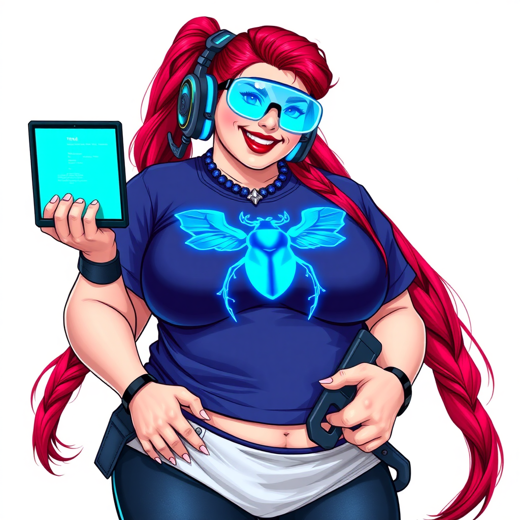 A cyberpunk vigilante’s full-figured intelligent and tech-savvy 29-year-old girlfriend, who is a computer hacker and tech genius. She has a long ruby red ponytail and bright blue eyes. She wears a sapphire beetle gemstone necklace, and an oversized Maximum Blue (RGB 71, 171, 204) t-shirt featuring a giant neon blue glowing chest icon of a winged beetle. She has a full-figured physique with a prominent, gargantuan, round midsection, reflecting her well-cared-for lifestyle. The midsection is heavily emphasized. She sports a sapphire headset with hi-tech Maximum Blue (RGB 71, 171, 204) lensed HUD visor, Maximum Blue (RGB 71, 171, 204) lipstick, black eyeglasses, and a beaming smile with a passionate bright red blush. Despite her figure and a lack of self-esteem, she radiates an air of beauty. She has an angular face which contributes to her radiant beauty. She serves as his tech expert from his hideout, holding a holographic tablet and a hi-tech tool wrench. The background is solid white. She is drawn as if she was in a retro 2D cyberpunk fighting game. Make sure her shirt covers her round midsection.