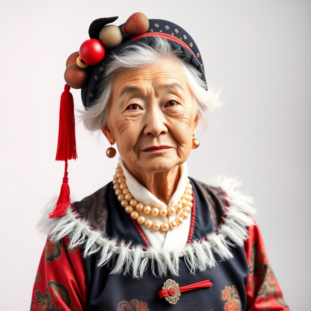 80 age old korean woman, front, woman fancy costumes, photo studio background,