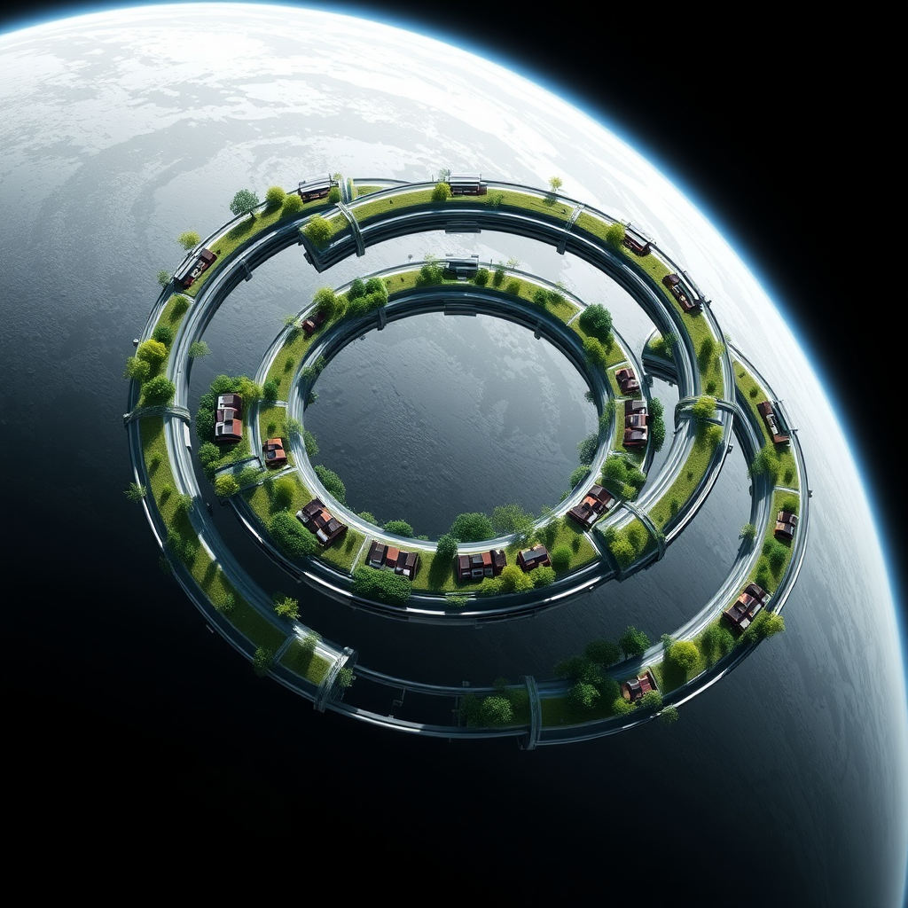 Three space stations, each with 5 glass doughnut rings, are orbiting a grey planet. Each ring contains neighborhoods of houses and is full of plants, trees, bushes, flowers, and grass.