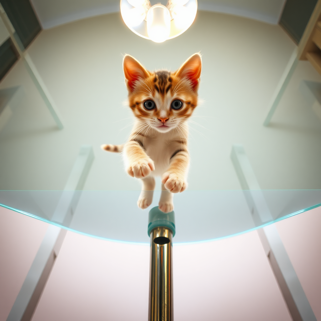 The camera is positioned directly under a transparent dining table, taking a vertical shot upwards through the table. A cute little kitten is walking on top of the table, and the bottom of its four paws is clearly visible.