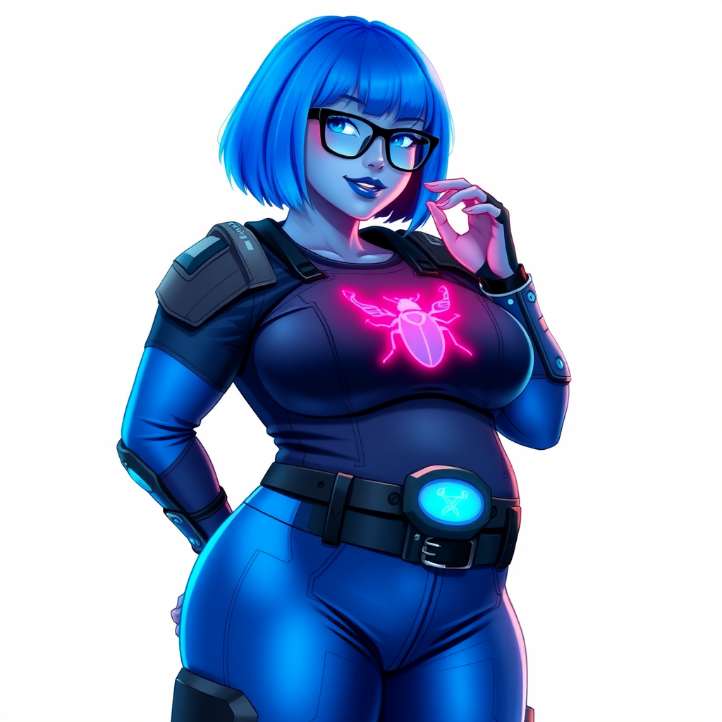 A 28-year-old, full-figured, metallic maximum blue (5PB 5/10) skinned computer program hybrid with a maximum blue bob cut. She has a non-athletic build, highlighted by a prominent, round, large midsection (with full emphasis on her round belly), which shows the effects of her love of junk food acquired from her boyfriend. As the full-figured, nerdy, digital sidekick to her cyberpunk vigilante boyfriend, her metallic maximum blue skin and maximum blue lipstick (5PB 5/12) emphasize her digital nature. Her skin has a subtle, animated glow, with digital patterns occasionally flickering across it, making her digital nature obvious. She wears a digital, computerized costume, consisting of a massive, tight-fitting, maximum blue biker shirt (5PB 5/12) made out of advanced nanotech with a neon blue glowing chest icon of a beetle, hi-tech shoulder pads with neon blue accents, a black hi-tech belt with a digital neon blue glowing buckle, digital maximum blue biker pants (5PB 5/12) with neon blue accents, and black hi-tech fingerless biker gloves with neon blue glowing accents. Her neon blue glowing eyes, black eyeglasses with neon blue glowing lenses equipped with a built-in HUD, and bashful smile with neon red blush accentuate her nerdiness. She stands bashfully with one hand behind her back and the other hand gently touching her cheek, her costume covering all her skin (especially her midsection) and fully emphasizing her full figure (especially her round belly). She is clearly non-athletic, with a focus on her full-figured physique. Despite her build, she radiates beauty. She has a slim face compared to her physique, accentuating her radiant beauty. She is on a solid white background. She is drawn as if she were in a retro 2D cyberpunk fighting game.