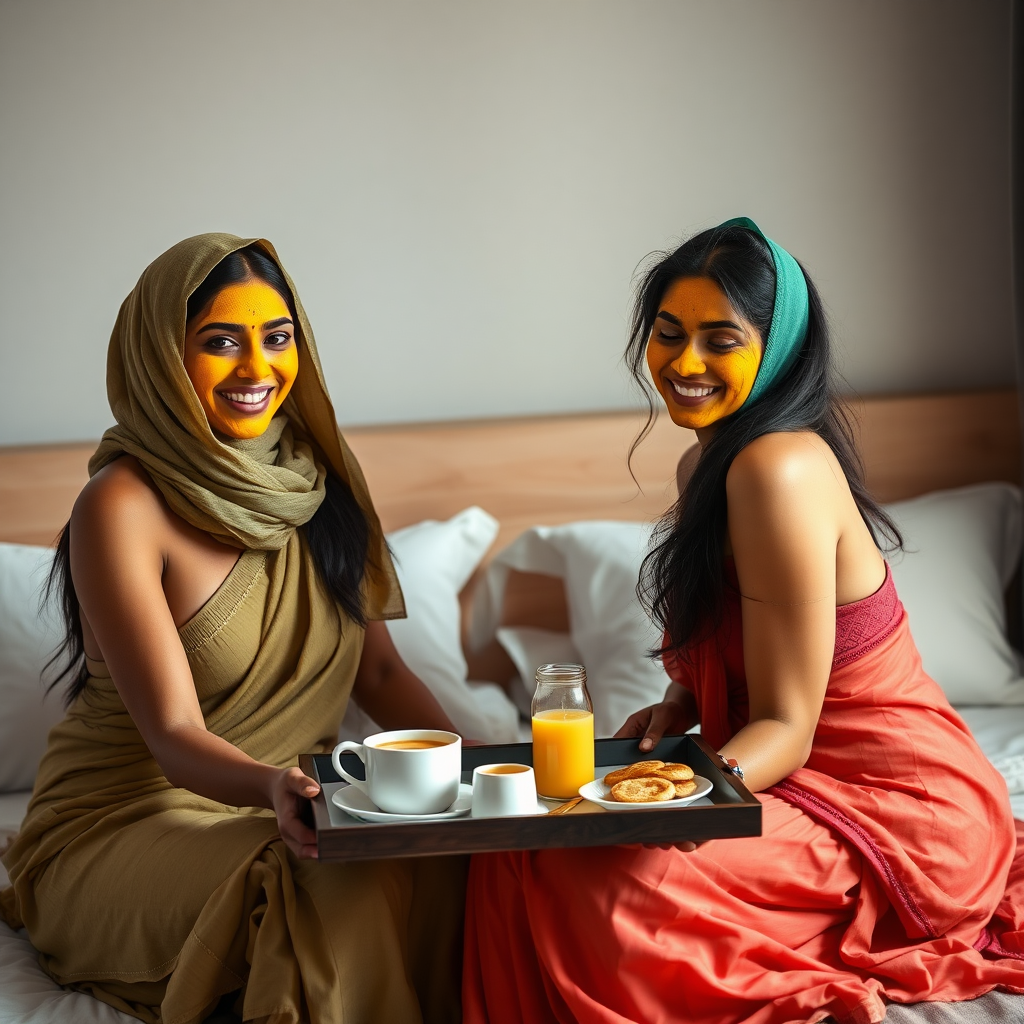 slim, 30 year old, sexy, 2 indian wives, scarf head, turmeric face mask. They are smiling and serving breakfast on a tray on bedside table