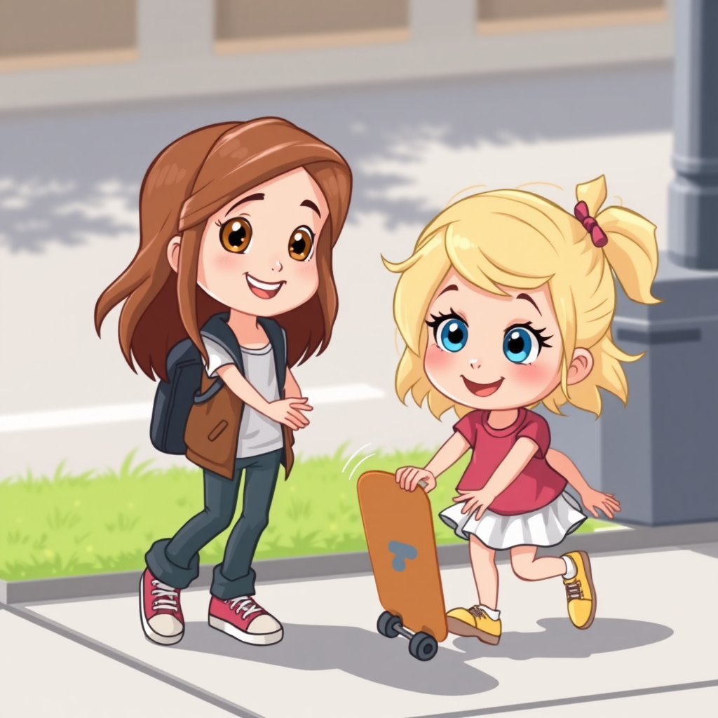 Two cartoon sisters, one a teen with light brown hair and hazel eyes and the other an elementary-aged kid with blonde hair and blue eyes, playing with a skateboard on a sidewalk.