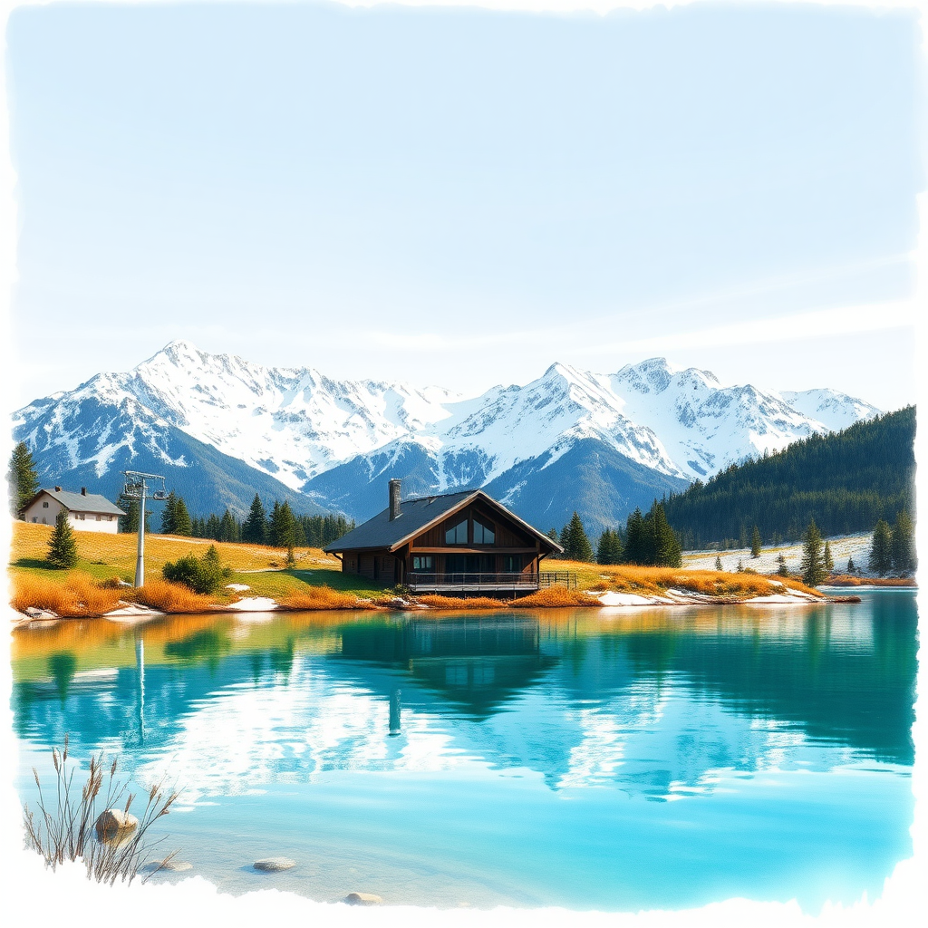 A fresh landscape with a serene lake in the foreground reflects the breathtaking snow-capped peaks in the background. This scene captures a quiet mountain home made of dark wood located near the water's edge, with a nearby ski lift tower visible. The water is crystal clear, showcasing vibrant turquoise tones that beautifully contrast with the earthy browns and greens of the surrounding terrain. The sky adds to the tranquil atmosphere with a subtle blue hue and wisps of clouds. A sketching technique is used.