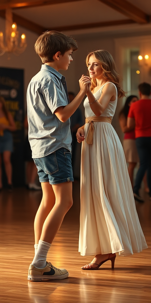 A 13yo teen boy, wearing shirt, denim tight booty shorts, tube socks, shoes, long legs, narrow thighs. With a beautiful girl wearing floor long dress. dancing. full-length view. 1980s. 
photorealistic, ultra high resolution, 16K,
Negative: grainy, blurry, bad anatomy, extra limbs, watermark.