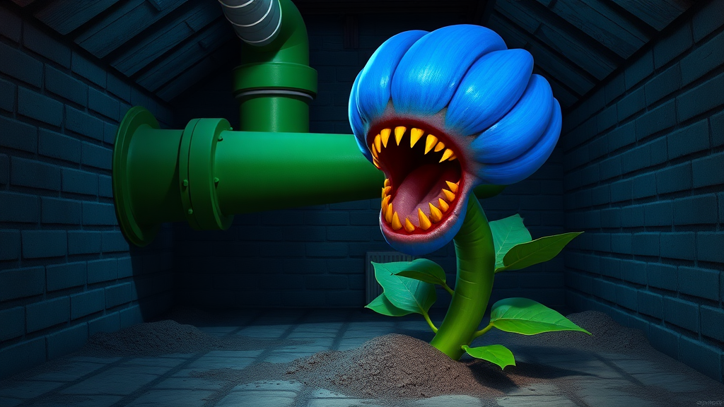 Interior. Underground scene with brick walls and floor. Blue tinted lighting. A large green drain pipe sticks out of the ground. Growing out of the pipe opening, a monster with the head of a blue flower bulb, large mouth with pointy yellow teeth. Its body is a green flower stem with green leaves.