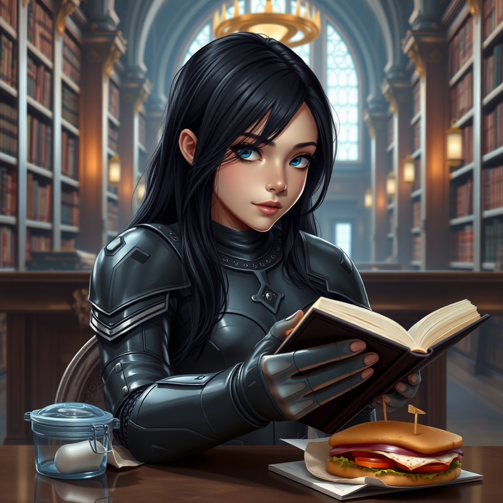 beautiful young woman, dark hair past her shoulders, blue eyes, small, slim figure, wearing full leather armor suit, sitting at table with sandwich, reading a book in a great library.