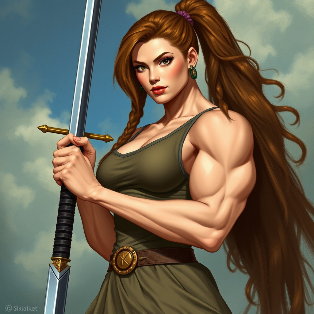 strong massive huge muscular bodybuilder girl, sleeveless dress, sword