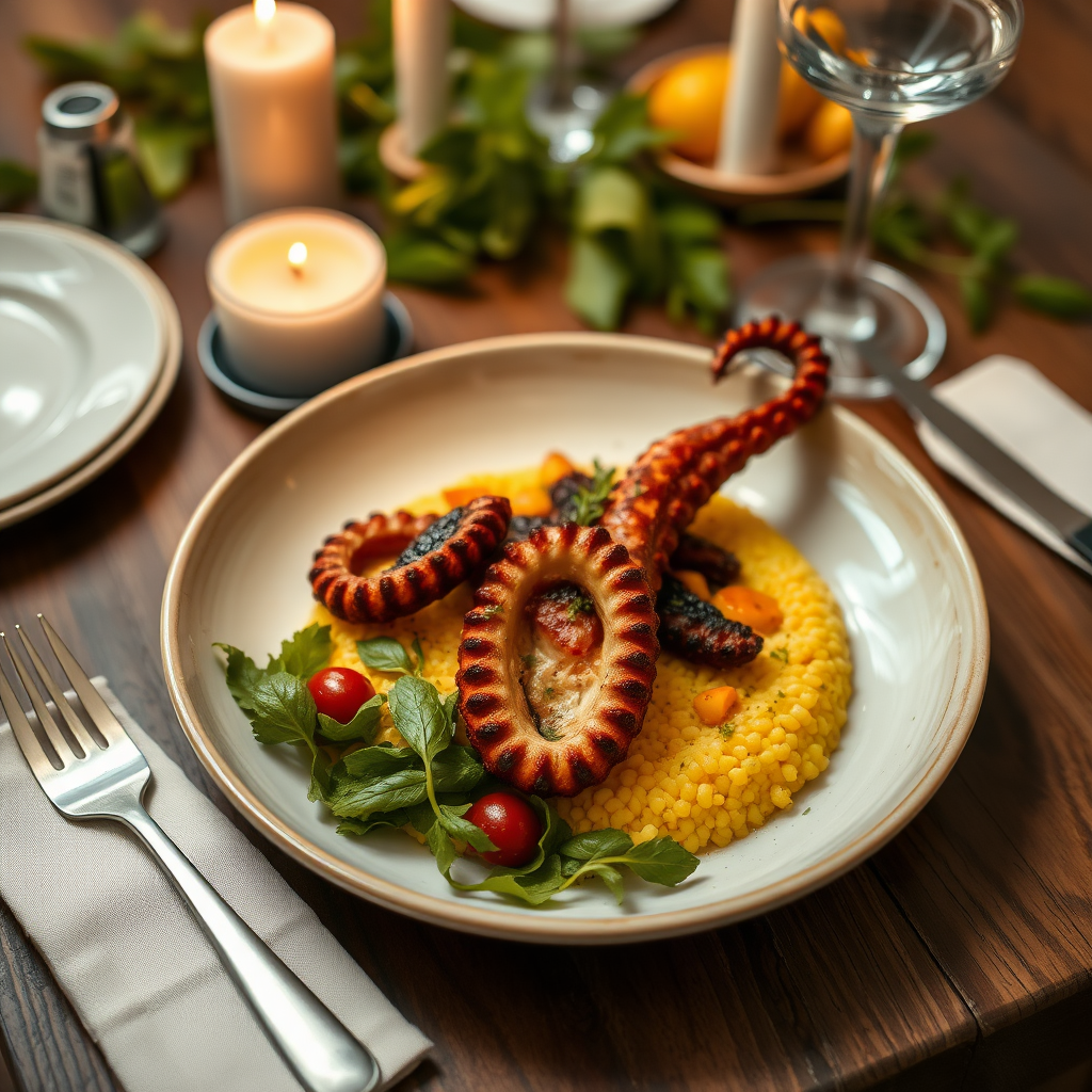 Plante with polenta and grilled octopus, 3 candles, italian salad