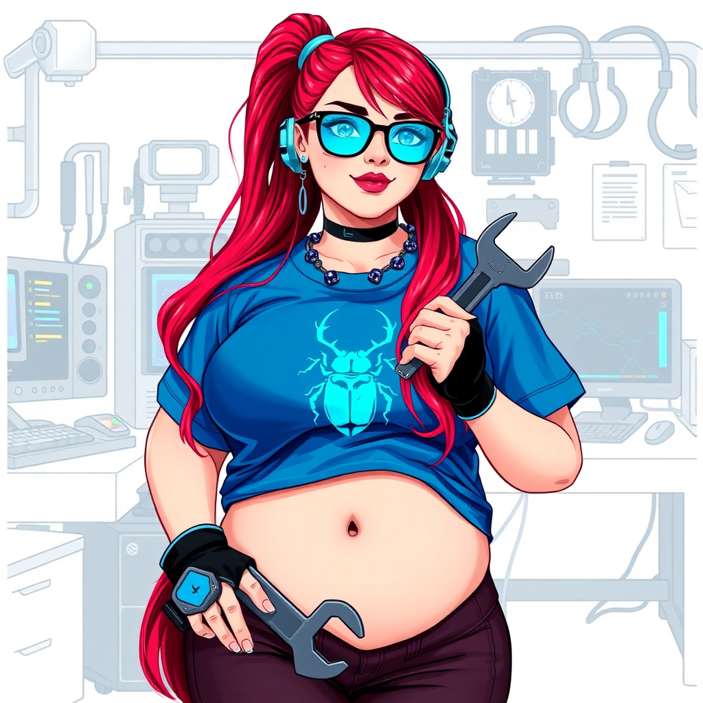 A cyberpunk vigilante’s full-figured intelligent and tech-savvy 29-year-old girlfriend, who is a computer hacker and tech genius. She has a long ruby red ponytail streaked with sky blue. She wears maximum blue lipstick, blue eyes, a sapphire beetle gemstone necklace, sapphire earrings, black eyeglasses, a futuristic holographic wristwatch computer, and an oversized maximum blue t-shirt featuring a neon blue beetle chest emblem. She has a full-figured, well-rounded physique with a prominent, round midsection, reflecting her well-cared-for lifestyle. Her round midsection is broadened and bloated to emphasize her figure. She sports a sapphire headset with a high-tech maximum turquoise lensed HUD, and a shy smile with a neon red blush. She is holding a futuristic hi-tech wrench while standing in her workshop in front of her computer desk and work bench. The background is solid white. She is drawn as if she was in a retro 2D cyberpunk fighting game.