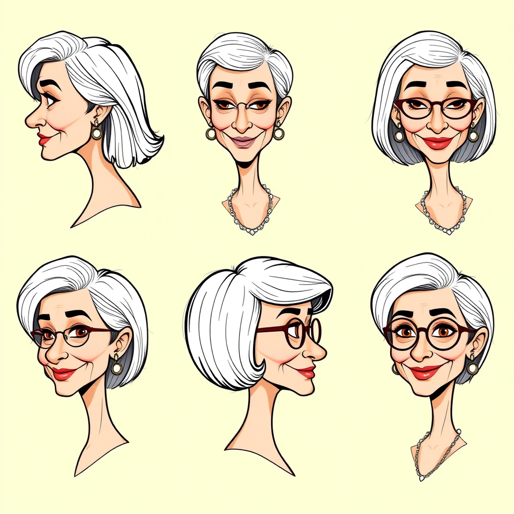 image of six headshots of a 50 years old, gorgeous, fit, European, Latina, sharp aquiline nose, wrinkles, high cheekbones, Middle Eastern, skinny, tanned skin, dark light skin, full makeup, jewelry, sharp nose, frowning, exaggerated cartoon emotions, lascivious smile, dark grey ash hair, short bowl haircut, brown eye color, half closed eyes, round glasses, with detailed features. Each photo displays the same face in back, profile and front view, cut out and isolated on a green background. All six heads are visible side by side, empty space around each view, no overlapping. 2D, caricature, cartoon, sketch lines, coloring book style, well composed, clean coloring book page, no dither, no gradient, strong outline, vector illustration.