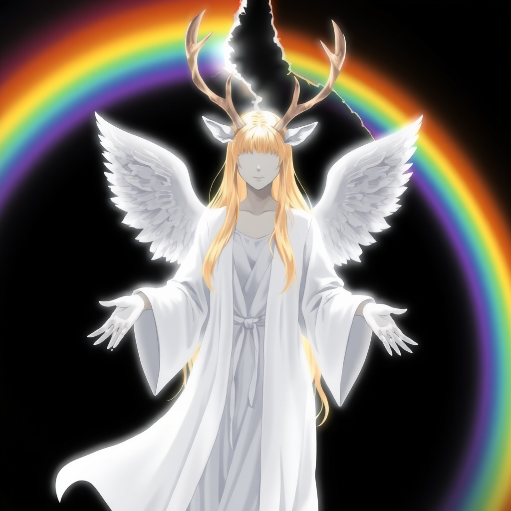 (Anime Style-art) Black background with rainbow-barrier broken, a completely female faceless, grey-skinned, golden-haired woman covered in pure white light, 2 deer antlers, 2 angel wings, glowing-white robes, hands out, floating mid-air, looking at viewer, full body view