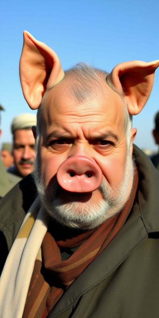 Yasser Arafat with pig nose, pig ears.