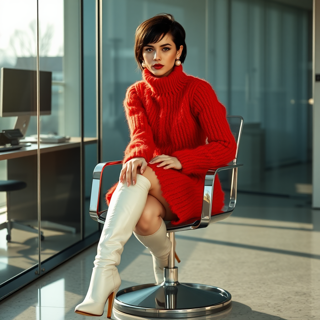 Sunny spring morning, modern glass-steel-concrete office, sitting on glass chair at wall, waiting for the master: O., European 17 years old very convincing femboy “trophy-bimbo”, tamed servile docile, very beautiful feminine flawless face, rather short boyish figure, dark short tight curls, bold red lips, heavily made-up face, long French nails, wearing Supertanya-style chunky fluffy very fuzzy bright deep red mohair figure-hugging turtleneck-knitdress with white pearl decoration, white vinyl thigh-high boots with golden heels, pearl earrings, serious, leaning forward presenting her assets, arrogantly looking at camera.