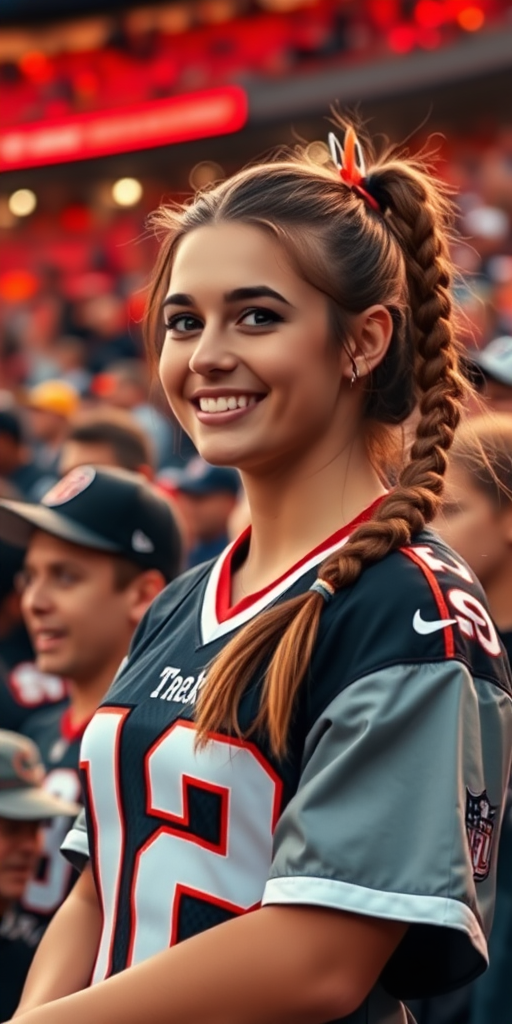 Hot female NFL fan, pigtail hair, jersey, cheering for team, inside stadium crowd