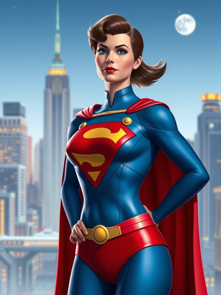 Create a full-length rendered image of Superman, using the female figure of Jane Jetson for the body. Retain Superman's head, hairstyle, and facial features while incorporating elements from Jane's costume into Superman's outfit. Adjust the costume to fit Jane's proportions and add embellishments inspired by Jane Jetson. Design the background to reflect elements from both characters, merging Superman's iconic cityscape with futuristic, sleek aesthetics reminiscent of the Jetson's world. Aim for a vibrant color palette that balances the classic superhero vibe with a modern, sci-fi twist.