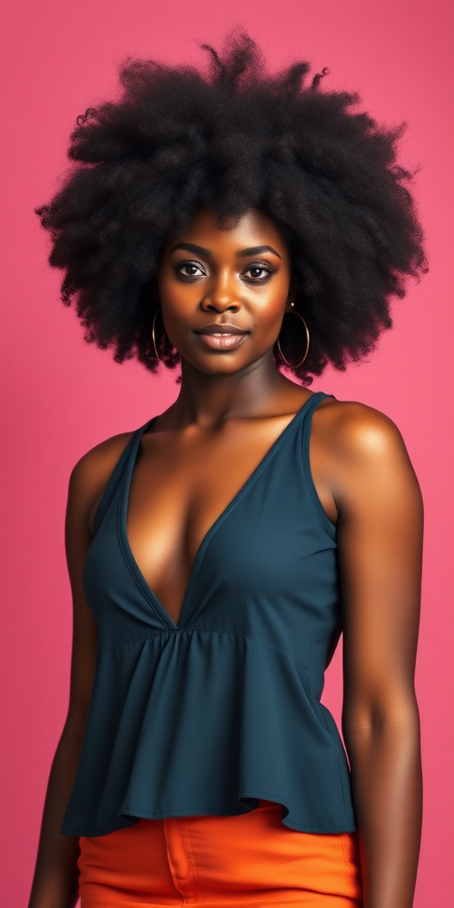 a fullbody photo of a very busty african woman with an afro wearing a A-line top with a deep v-neck cut