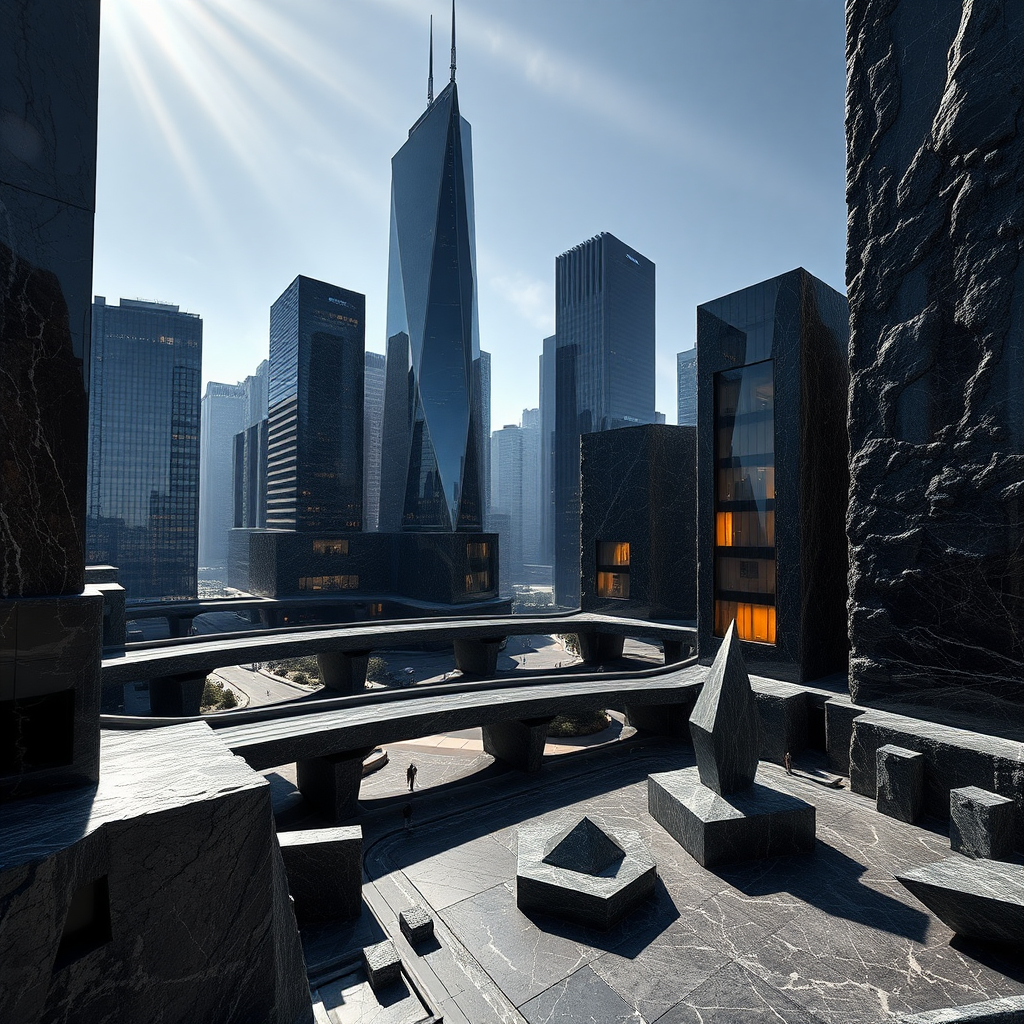 A hyper-realistic city crafted entirely from rough-textured black marble. Towering skyscrapers rise with sharp, angular forms, their dark stone surfaces reflecting ambient city lights in scattered, intense blooms of light. The buildings’ rough texture contrasts with their glossy reflections, creating a striking interplay between smoothness and grit.

The streets and sidewalks are also black marble, featuring a coarse, weathered texture that catches light and shadows dynamically. Bridges and overpasses stretch across the cityscape, their geometric designs carved from rugged black stone, with godrays piercing through gaps and reflecting off the uneven surfaces.

Public plazas are adorned with minimalist marble sculptures and fountains, their jagged, textured surfaces adding depth and contrast to the scene. The entire cityscape is illuminated by dramatic, filtered sunlight that creates rays and reflections across the rough marble, lending an ethereal, almost mystical quality to the urban environment.