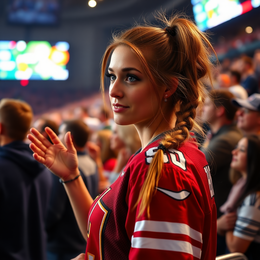 Female NFL fan, hot, pigtail hair, jersey, cheering, looking at perspective of TV camera, inside crowd