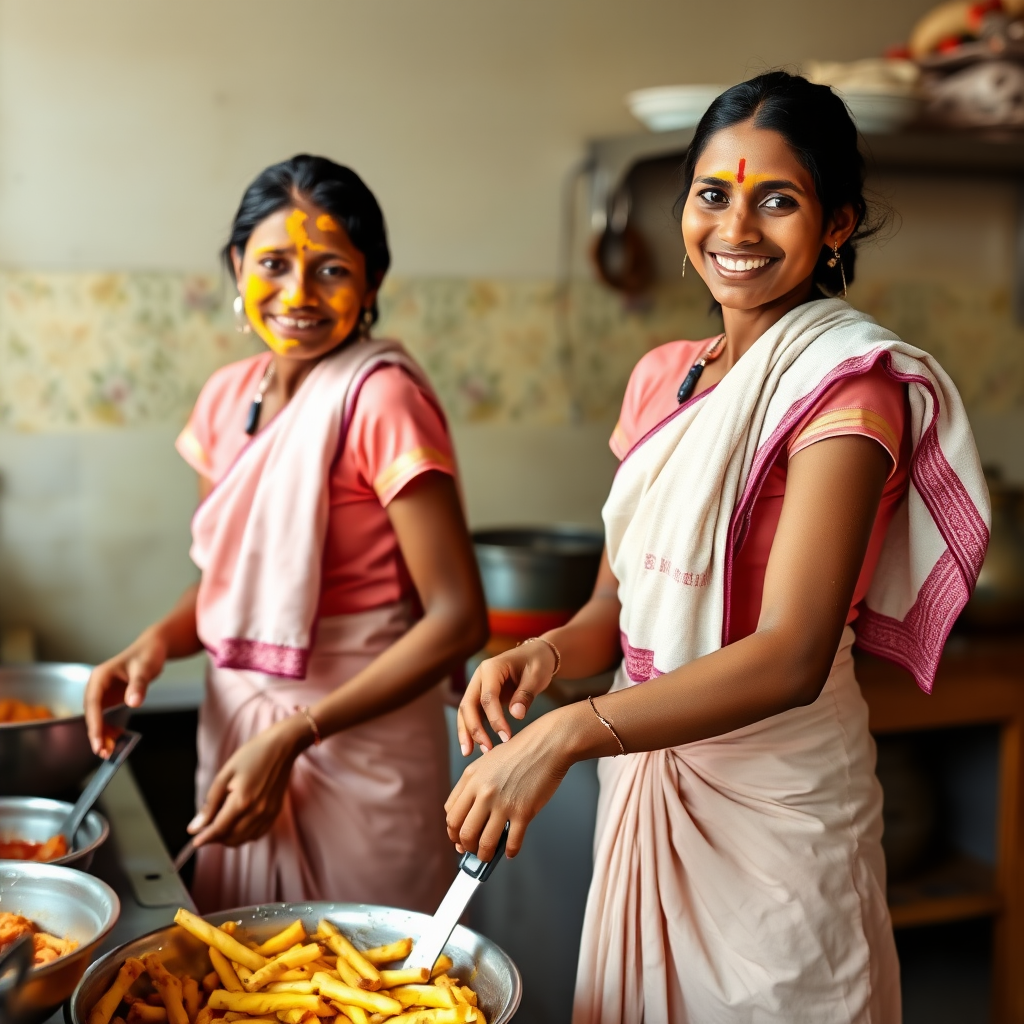 2 skinny, happy, traditional, 30-year-old Indian maids, wearing a blouse, skirt, and a short towel on their shoulder. They are preparing food in the kitchen. Their face is covered with a turmeric face mask.