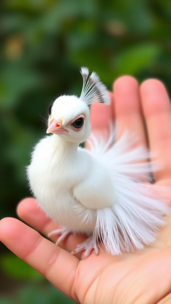 A small tiny cute chubby big eyes big perfect tail real white dancing peacock with tail on hand