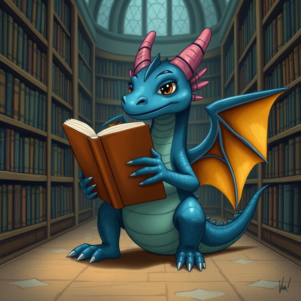 A lazy indigo small dragon with two legs, two arms and wings in a library reading from a large book